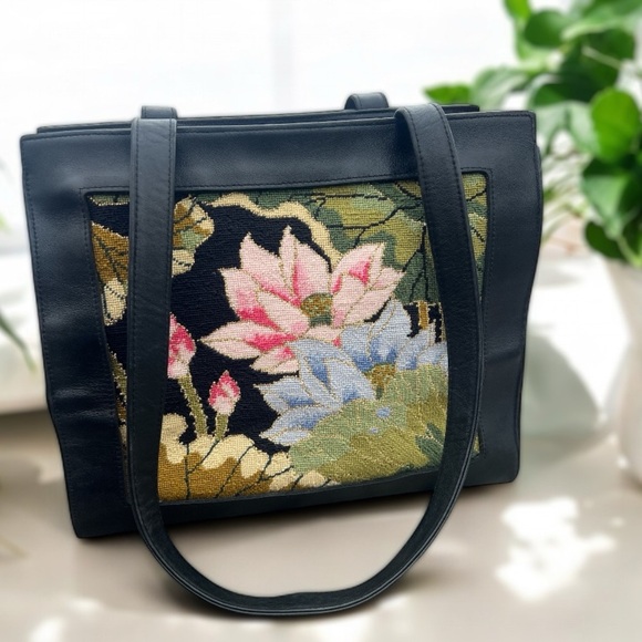 Lee’s Needle Art Vintage Black Leather Floral Needlepoint Shoulder Bag Purse - Picture 17 of 17